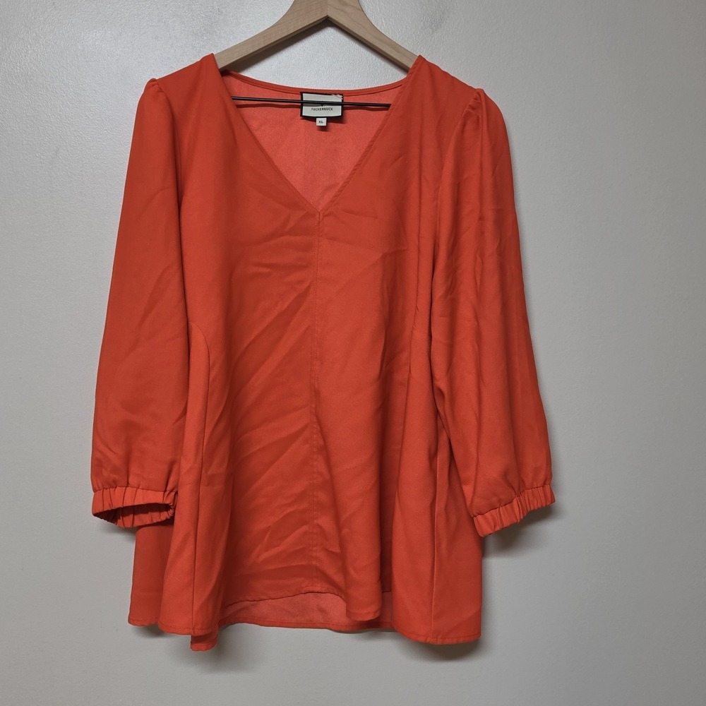 Tuckernuck Hollis Top Women XL Poppy Red V Neck Puff Sleeve Blouse Tunic